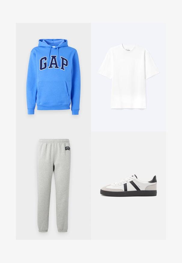 Sweat à capuche bleu avec poche avant et lettrage "GAP" bleu foncé bordé de blanc sur la poitrine.; T-shirt blanc uni à manches courtes et col rond avec une coupe décontractée, présenté sur un fond clair.; Pantalons de survêtement gris avec une taille élastique, des chevilles resserrées et un logo "GAP" bleu marine sur la cuisse supérieure gauche. Tissu doux en mélange de coton.; Baskets blanches avec des accents noirs et gris, présentant un embout texturé gris, une semelle en caoutchouc noir et des lacets plats blancs. Design épuré, style minimaliste.