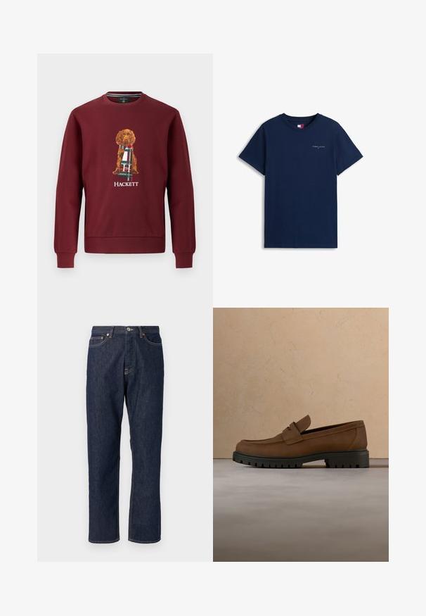 Hackett London HERITAGE HARRY CREW - Sweater - burgundy red; Marineblauw T-shirt met korte mouwen en een ronde hals, met klein wit "Tommy Jeans"-logo en rood-wit-blauw vlagembleem op de borst.; Donkerblauwe denim jeans met een rechte pijpdesign. Beschikt over een knoop- en ritssluiting, vijf zakken en contrasterende stikdetails.; Donkerbruine leren loafer met dikke zwarte rubberen zool, getoond boven een beige tapijt en bankachtergrond.