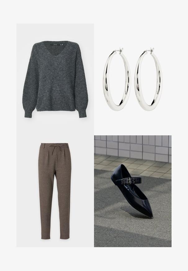 Grå strikket sweater med V-hals, afslappet pasform og lange ballonærmer. Har en subtil tekstur og ribbede manchetter ved håndleddene.; Brune tapered bukser med snøre i taljen og båndsøm, lavet af tekstureret stof, vist på en hvid baggrund.; Sort spids flad sko med bred rem med dobbelt sølvspænde og øjer, placeret opret på asfalt nær flisebelagt væg.; Sølv hoops øreringe med en glat, reflekterende overflade. Rund, stor form med en sikker lås øverst. Den polerede finish fremhæver glansen.