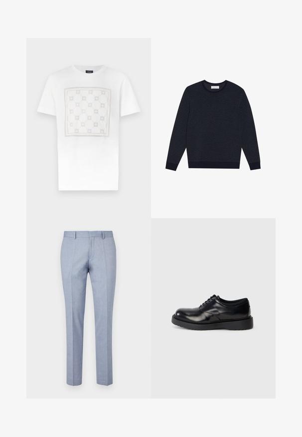 Navyblauwe gebreide trui met een gemêleerd patroon, ronde halslijn en lange mouwen. Geribbelde Boorden en zoom. Etiket op de halslijn.; Witte katoenen T-shirt met een groot, subtiel vierkant patroon in licht beige, voorzien van afgeronde vormen en accenten, afgewerkt met een ronde hals.; Lichtblauwe op maat gemaakte broek met een gladde stofstructuur, voorzien van een rechte voorkant, twee zijzakken en een slim fit ontwerp.; Zwarte leren veterschoen met een ronde neus, een glad oppervlak en een dikke rubberen zool met subtiele groeven voor grip.