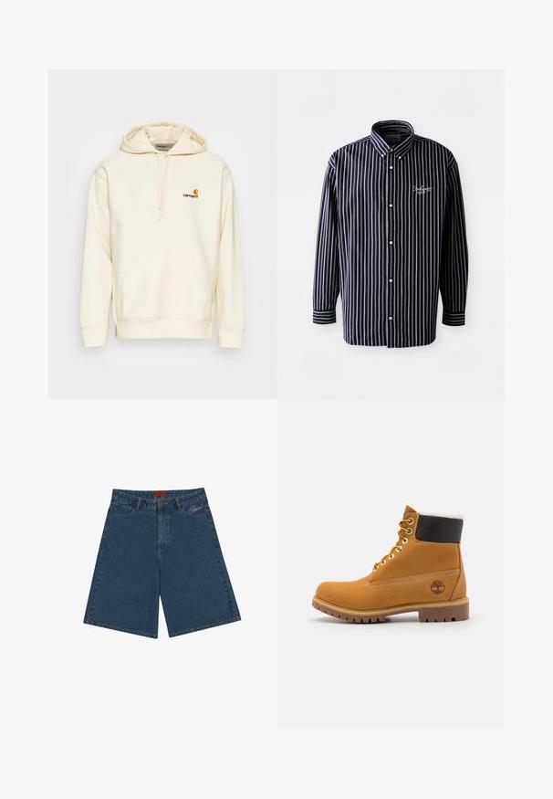 Pullover hoodie in off-white katoenmix. Beschikt over een voork pocket, een trekkoord capuchon en een geborduurd logo in bruin en geel op de borst.; Gestreepte overhemd met lange mouwen in marineblauw en wit, met een button-down kraag, knopen aan de voorkant en een geborduurd logo op de borst.; Donkerblauwe denim shorts met een middelhoge taille, drukknoopsluiting, zakken aan de voorkant en geborduurd logo aan de linkerkant.; Bruine leren enkellaars met metalen oogjes, witte faux bont voering, zwarte gewatteerde kraag, robuuste zool en een reliëflogo aan de zijkant.