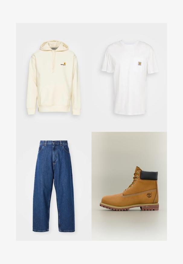 Pullover-Hoodie aus off-white Baumwollmischung. Verfügt über eine Fronttasche, eine Kapuze mit Kordelzug und ein gesticktes Logo in Braun und Gelb auf der Brust.; Weißes Baumwoll-T-Shirt mit kurzen Ärmeln, einer Brusttasche und einem kleinen quadratischen Logopatch in Orange und Weiß auf der Tasche.; Weite Jeans aus Denim in Dunkelblau. Hohe Taille, Gürtelschlaufen und klassisches Fünf-Taschen-Design. Gestickter Saum mit sauberem Finish.; Brauner Leder-Stiefelette mit schwarzem Kragen, gelben Schnürsenkeln und hellbrauner Sohle. Verfügt über ein Logo und weiße Ziernähe. Robuste Profilsohle.