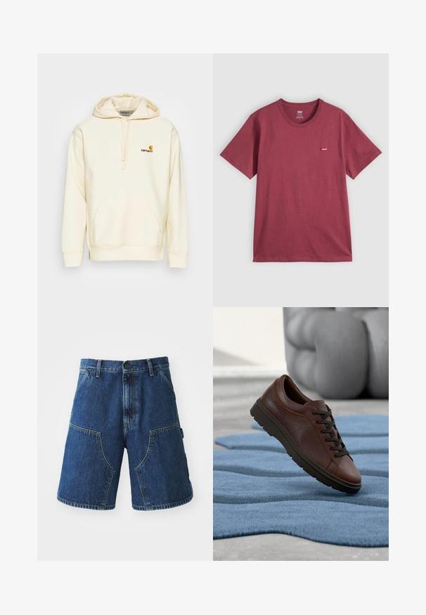 Sweat à capuche en mélange de coton écru. Il présente une poche sur le devant, une capuche avec cordon de serrage et un logo brodé en brun et jaune sur la poitrine.; T-shirt uni bordeaux à manches courtes et col rond avec une petite étiquette rouge du logo Levi's sur la poitrine gauche.; Shorts en denim avec un lavage bleu foncé, dotés de grandes poches frontales, d'une fermeture à bouton et de coutures visibles le long des coutures.; Baskets en cuir marron avec finition texturée, bout rond et lacets foncés. Semelle en caoutchouc à profil bas. Placées sur un tapis bleu.