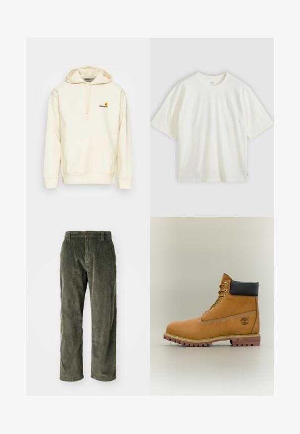 Pullover hoodie i off-white bomuldsblanding. Har en forlomme, snøre i hætten og en broderet logo i brun og gul på brystet.; Hvid T-shirt med korte ærmer i bomuld. Rund hals, afslappet pasform, diskret branding på brystet og en rød etiket i kanten.; Olivengrønne fløjlsbukser med lodrette ribber, der har knaplukning og lige ben. Blød tekstur med en klassisk pasform.; Brun læderankelstøvle med sort krave, gule snørebånd og tanfarvet sål. Har logo og hvide syninger som detalje. Robust ydersål med greb.
