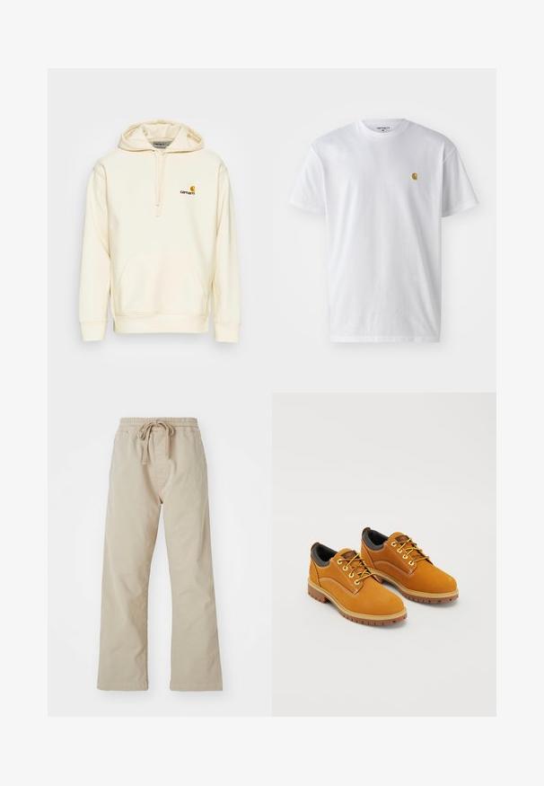 Pullover hoodie i off-white bomuldsblanding. Har en forlomme, snøre i hætten og en broderet logo i brun og gul på brystet.; Hvid bomulds t-shirt med korte ærmer, rund hals og et lille guld logo på venstre brystområde. Blød tekstur og almindelig pasform.; Beige bomuldsbukser med elastisk talje og snoretræk. Lige ben-design, glat stof og ingen synlige mønstre eller detaljer.; Brune ruskindssko med rund tå, gule snørebånd, en polstret sort krave og gummisåler med skridsikre riller.