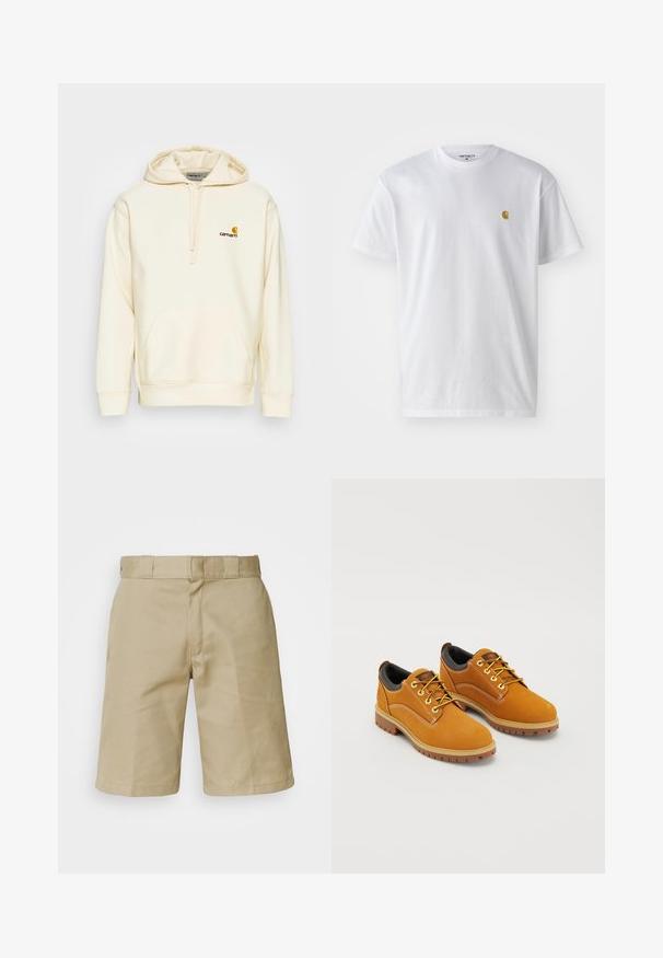 Sweat à capuche en mélange de coton écru. Il présente une poche sur le devant, une capuche avec cordon de serrage et un logo brodé en brun et jaune sur la poitrine.; T-shirt en coton blanc à manches courtes, col rond, avec un petit logo doré sur la poitrine gauche. Texture douce et coupe régulière.; Shorts khaki avec un design à l'avant plat, une taille cousue avec passants de ceinture et deux poches latérales. Fabriqués en tissu léger.; Chaussures en daim marron avec un bout rond, des lacets jaunes, un col rembourré noir et des semelles en caoutchouc avec des rainures de traction.