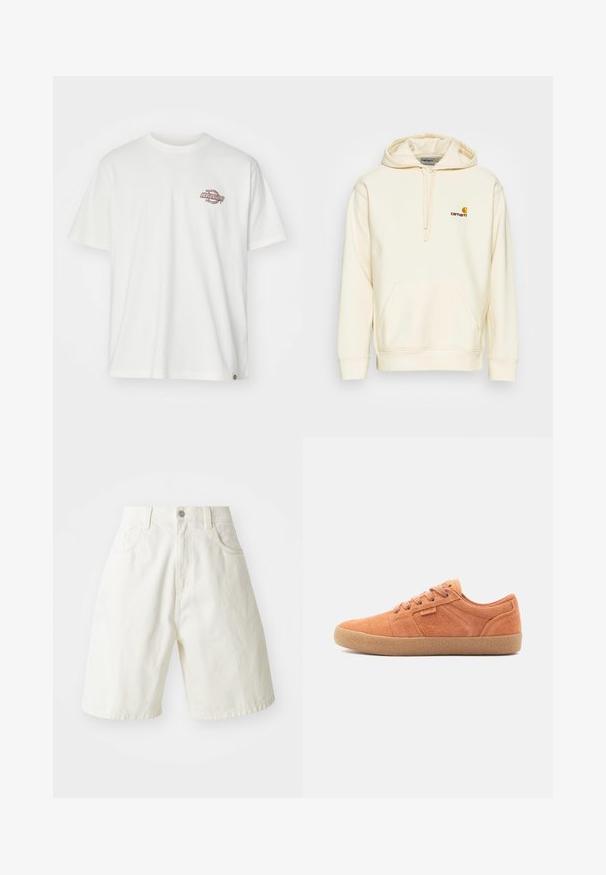 Pullover-Hoodie aus off-white Baumwollmischung. Verfügt über eine Fronttasche, eine Kapuze mit Kordelzug und ein gesticktes Logo in Braun und Gelb auf der Brust.; Weißes Baumwoll-T-Shirt mit kurzen Ärmeln und Rundhalsausschnitt, mit einem kleinen roten und schwarzen Logo auf der linken Brust. Klassischer, lässiger Schnitt.; Weiße Denim-Shorts mit einer lässigen Passform, die einen Bund, fünf Taschen und gerade Beine aufweisen. Der Stoff hat eine feine Textur.; Sandfarbene Wildledersneaker mit texturiertem Obermaterial, runder Zehenpartie und Gummisohle. Verfügt über eine Schnürdesign und gestickte Akzente an den Seiten.