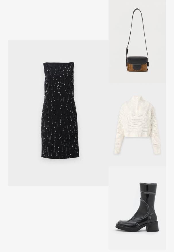 Hvid strikket cropped sweater med lange ærmer, høj ribkrave, lynlås foran og tekstureret åbent vævet mønster.; Sort ærmeløs kjole med et gennemgående design af metalliske sølvtråde og små detaljer, der skaber et tekstureret, dynamisk udseende.; Sort patenteret læder ankelstøvle med hvid stikning, rund tå og blokhæl. Har buede designlinjer og en glat tekstur.; Lille rektangulær crossbody taske med vævet brun bund, sort læderklap og justerbar rem på hvid baggrund.