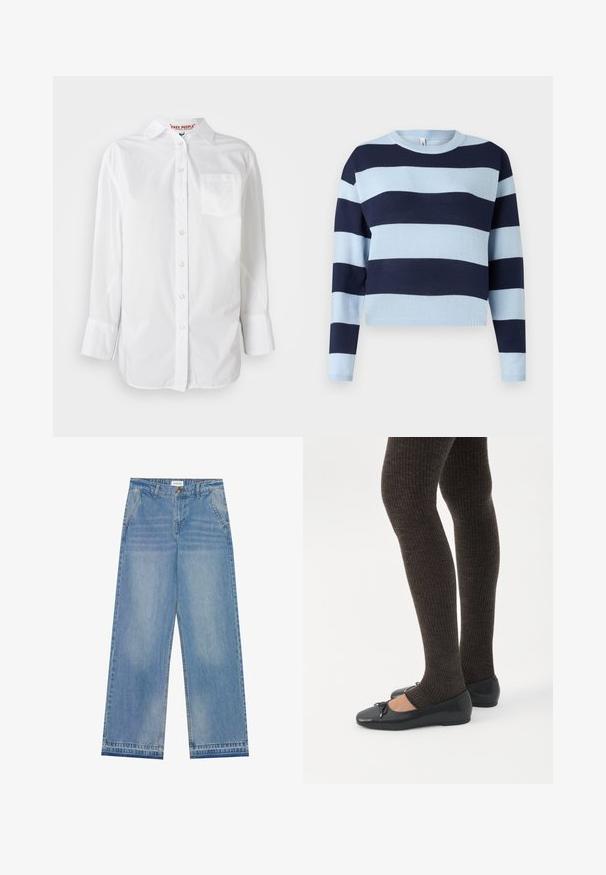 Pull rayé bleu clair et marine avec un col rond, des manches longues et des poignets côtelés. Fabriqué en tissu tricoté doux.; Chemise blanche à manches longues avec col et poche poitrine, présentée sur un fond uni.; Jean large taille haute bleu clair avec fermeture à bouton, poches avant, passants de ceinture et détails légèrement décolorés.; Jambes portant des leggings côtelés foncés associés à des ballerines noires avec de petits détails en nœud sur fond blanc.