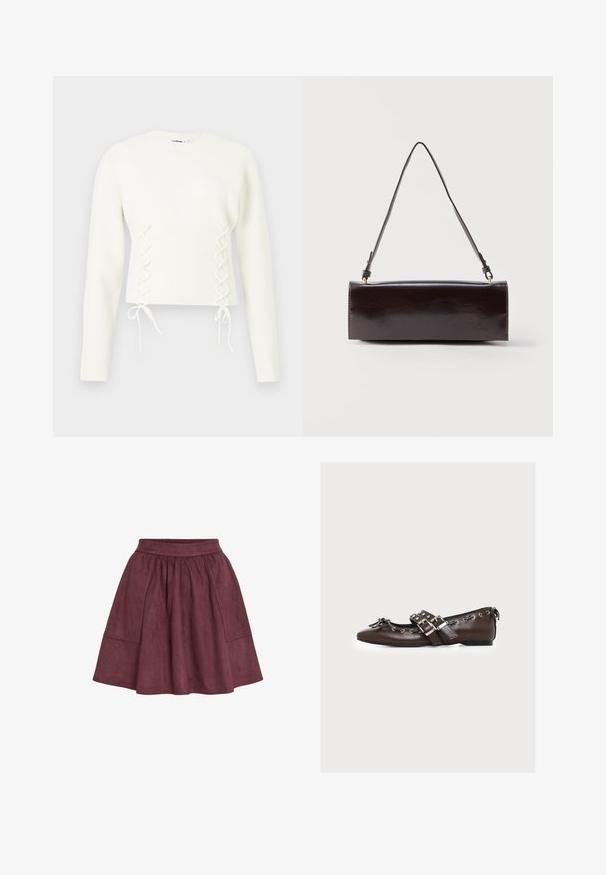 Hvid langærmet strikket sweater med ribbet talje og krydsbind detaljer på forsiden.; Bordeaux ruskindsnederdel med en flagrende form, elastisk talje og to sidelommer, der har en blød tekstur og minimalistisk design.; Brun læder flad sko med dobbelte sølvspænder, dekorative snørebånd langs kanterne og en lille sløjfe på den spidse tå.; Rektangulær sort læderhåndtaske med en enkelt lang rem og blank finish, vist mod en ensfarvet hvid baggrund.