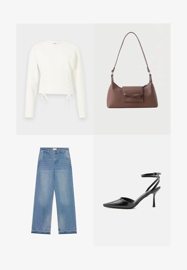 Witte langekous gebreide trui met geribbelde taille en kruislingse strikdetails aan de voorkant.; Lichtblauwe hoge taille wijde jeans met een knoopsluiting, voorzakken, riemlussen en subtiele vervaagde details.; Zwarte pumps met puntige neus, dunne enkelbandjes en een zilveren gesp op een effen lichte achtergrond.; Bruine leren schoudertas met een voorvak met klep en een gestikte strikdetail en een verstelbare band.
