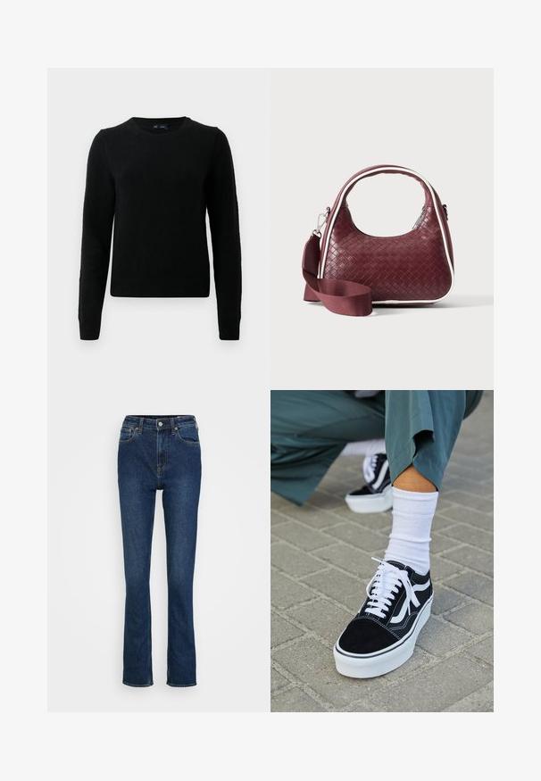 Sort strikketrøje med rund halsudskæring, lange ærmer og ribbede kanter. Stoffet ser blødt ud med en glat tekstur.; Højtaljede blå denim jeans med lige ben-design, der har fem lommer, diskret slidmærker og hardware-accenter i kobberfarve.; Sorte ruskinds sneakers med hvide accenter og snørebånd, der har en tyk hvid sål og kontrasterende syninger, parret med en hvid sok.; Mørkerød vævet lædertaske med buet hank, hvid kant, sølv lynlås og aftagelig bred stofskulderrem mod en ensfarvet baggrund.