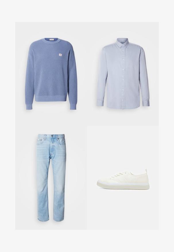 Svetlo modrý pletený sveter s rebrovou textúrou, okrúhlym výstrihom a mierne oversized strihom. Obsahuje malú nášivku s logom na hrudi.; Svetlomodrá dlhá rukávová košeľa s gombíkmi vyrobená z bavlny s jemnou textúrou, s klasickým golierom a prednými gombíkmi.; Svetlomodré džínsy s rovnými nohavicami, s vybledlými časťami, dizajnom s piatimi vreckami a klasickým zapínaním na gombíky.; Calvin Klein TOP LACE UP UNIFIT - Tenisky - salt bay