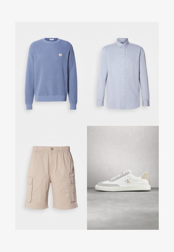 Svetlo modrý pletený sveter s rebrovou textúrou, okrúhlym výstrihom a mierne oversized strihom. Obsahuje malú nášivku s logom na hrudi.; Svetlomodrá dlhá rukávová košeľa s gombíkmi vyrobená z bavlny s jemnou textúrou, s klasickým golierom a prednými gombíkmi.; Béžové cargo šortky s elastickým pásom, zapínaním na gombík, dvoma bočnými vreckami a ďalšími vreckami na stehnách. Ľahká látka.; Biela teniska Calvin Klein s béžovými semišovými akcentmi a logom, vznášajúca sa nad hladkou sivou podlahou s pozadím zo sklenených blokov.