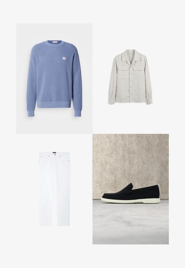 Suéter de punto azul claro con textura de canalé, cuello redondo y corte ligeramente oversize. Presenta un pequeño parche con el logo en el pecho.; Camisa beige de manga larga con botones, dos bolsillos frontales con solapas y cuello ancho, colocada plana sobre un fondo blanco.; Jeans blancos de corte recto con bolsillos delanteros, trabillas para cinturón y cierre de botón, colocados planos sobre un fondo blanco.; Zapato negro sin cordones con puntera redondeada, que presenta una parte superior texturizada, suela blanca lisa y un discreto detalle de marca en el lateral.