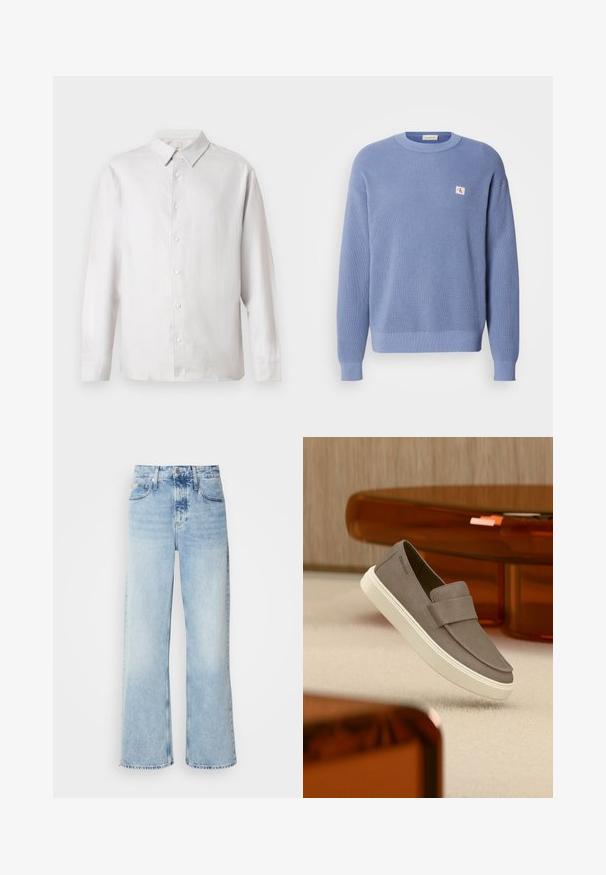 Lyseblå strikket sweater med en ribbet tekstur, rund hals og en let oversized pasform. Har et lille logo patch på brystet.; Hvid langærmet skjorte med krave, syv knapper og subtilt broderet logo på venstre bryst.; Lysblå vide jeans med høj talje, der har en falmet finish, bæltestropper og klassisk fem-lomme design. Kantene er rå.; Grå ruskind slip-on sko med hvid sål svævende over beige tæppe, med gennemsigtigt orange møbel i baggrunden.