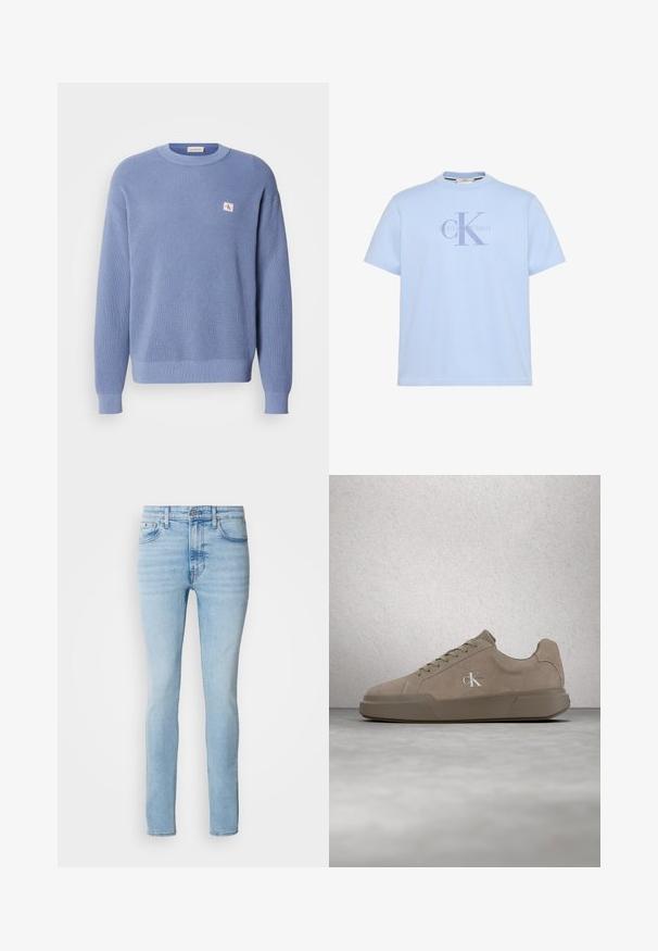 Svetlo modrý pletený sveter s rebrovou textúrou, okrúhlym výstrihom a mierne oversized strihom. Obsahuje malú nášivku s logom na hrudi.; Svetlomodré tričko s krátkym rukávom s veľkým logom „cK“ značky Calvin Klein na hrudi.; Calvin Klein Jeans Džínsy skinny fit - arrow stone; Béžová semišová teniska so šnúrkami a logom "ck", zobrazená ako levitujúca nad leštenou betónovou podlahou s pozadím zo sklenených blokov.