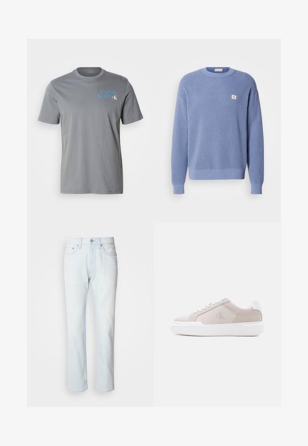 Svetlo modrý pletený sveter s rebrovou textúrou, okrúhlym výstrihom a mierne oversized strihom. Obsahuje malú nášivku s logom na hrudi.; Sivá bavlnená tričko s okrúhlym výstrihom a krátkymi rukávmi, s modrým nápisom "CALVIN KLEIN" potlačeným na ľavej strane. Hladký povrch.; Svetlomodré riflové nohavice so strihom rovného nohavice. Majú gombíkový uzáver a pútka na opasok, pričom preukazujú vyblednutú štruktúru a minimálne šitie.; Béžová nízka teniska s hrubou bielou podrážkou, šnúrkami a pätovou slučkou, s jemným logom "cK" na bočnej strane.