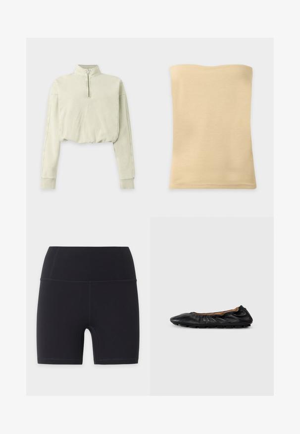 Sweat-shirt court beige clair avec manches longues, poignets côtelés et fermeture éclair courte sur le devant jusqu'au col montant.; Haut tube beige sans bretelles avec bords droits et couture simple sur un fond clair uni.; Shorts de cyclisme sportifs noirs taille haute avec coutures plates, conçus pour une coupe ajustée et une longueur mi-cuisse.; Ballerines en cuir noir avec des détails froncés au col, bout rond et semelle en caoutchouc flexible. Texture lisse dans l'ensemble.