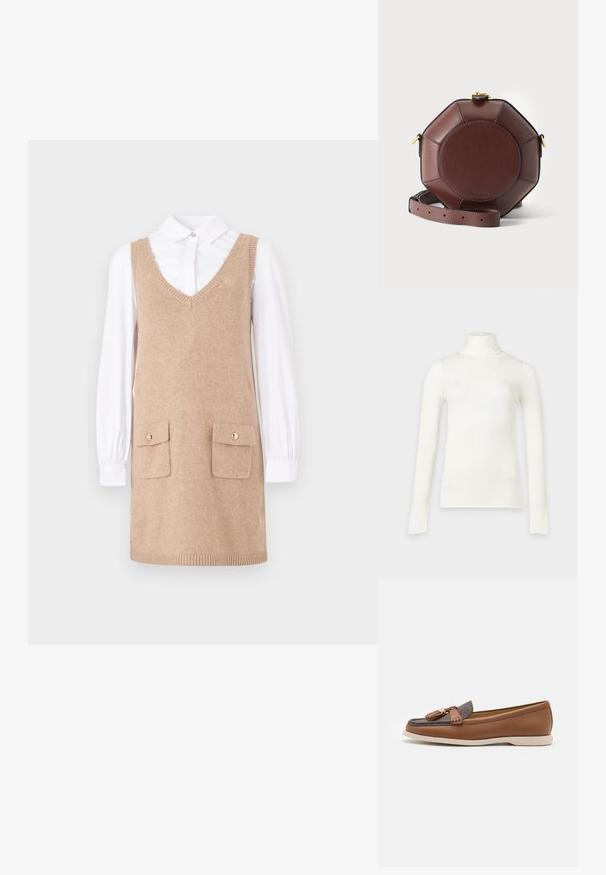 Camiseta blanca de cuello alto y manga larga con un corte ajustado, mostrada sobre un fondo gris claro.; Vestido de punto beige con escote en V, que presenta dos bolsillos frontales con botones dorados, superpuesto a una camisa blanca de manga larga.; Zapato plano de cuero marrón con un acento textil gris y detalle de borlas. Presenta una punta redondeada y una suela flexible de color claro.; Bolso bandolera octogonal de cuero marrón con panel central redondo, cierre dorado y correa ajustable, colocado sobre un fondo liso.