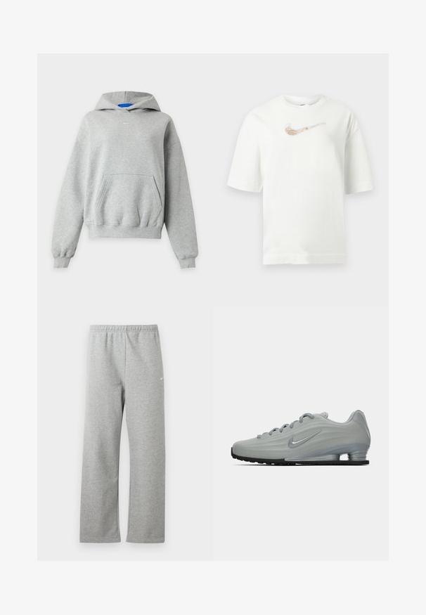 Lichtgrijze hoodie met lange mouwen, een kangaroezak aan de voorkant, geribde boorden bij de mouwen en zoom, en een klein wit Nike-logo gecentreerd vlak bij de halslijn.; Witte T-shirt met korte mouwen en een metallic roségouden Nike Swoosh-logo centraal op de borst tegen een lichtgrijze achtergrond.; Lichtgrijze joggingbroek met elastische tailleband en een klein wit Nike-logo op het bovenbeen, plat liggend tegen een witte achtergrond.; Zijaanzicht van een lichtgrijze Nike sneaker met veters, een swoosh-logo en een doorzichtige schokdempende zool op een effen achtergrond.