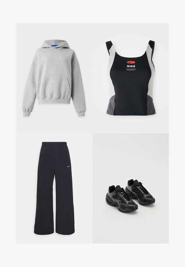 Lysegrå hættetrøje med lange ærmer, front-kængurulomme, ribkanter ved ærmer og skørt samt et lille hvidt Nike-logo centralt nær halsudskæringen.; Sorte og grå atletisk tanktop med rund halsudskæring, smalle stropper og et centralt orange Nike-logo trykt på forsiden.; Sorte brede bukser med elastisk talje og et lille hvidt Nike-logo. Stoffet har en glat tekstur, designet til komfort og afslappet brug.; Sorte sportssko lavet af syntetisk materiale med mesh-detaljer og afrundede såler. Har snørresystem og fremtrædende Nike-logo på tungen.