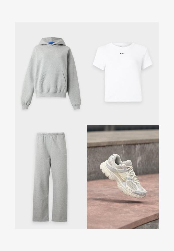 Light gray long-sleeve hoodie with a front kangaroo pocket, ribbed cuffs and hem, and a small white Nike logo centered near the neckline.; White short-sleeve Nike cropped T-shirt with a small black Nike swoosh logo centered below the neckline.; Light gray sweatpants with elastic waistband and a small white Nike logo on the upper thigh, displayed flat against a white background.; White and beige Nike running shoe with mesh panels and thick sole, suspended above a pink stone surface and gray stone background.