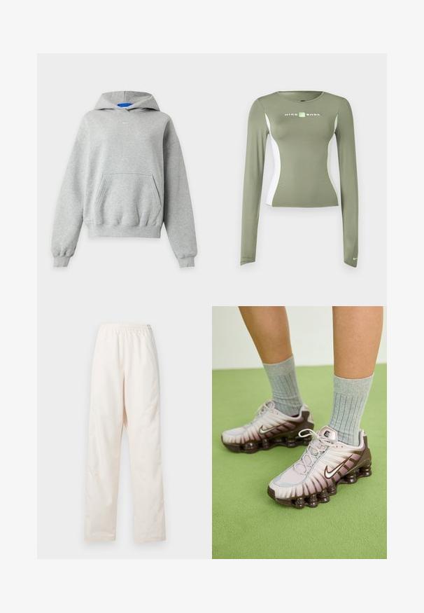 Lichtgrijze hoodie met lange mouwen, een kangaroezak aan de voorkant, geribde boorden bij de mouwen en zoom, en een klein wit Nike-logo gecentreerd vlak bij de halslijn.; Olivengroen Nike Shox shirt met lange mouwen, witte zijpanelen en neon groene accenten, nauwsluitende pasvorm, en een klein Swoosh-logo op de mouwboord.; Loszittende, crèmekleurige broek met elastische taille en een rechte pijp, weergegeven tegen een effen witte achtergrond.; Nike-sneakers in lichtroze en bruin, met een gestructureerde bovenkant, gelaagd ontwerp en een dempende buitenzool met zichtbare luchtunits.