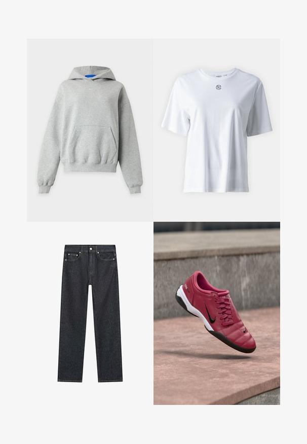 Lysegrå hættetrøje med lange ærmer, front-kængurulomme, ribkanter ved ærmer og skørt samt et lille hvidt Nike-logo centralt nær halsudskæringen.; Hvid bomulds t-shirt med korte ærmer og rund halsudskæring. Har et lille sort logo centreret på brystet. Glat tekstur, afslappet design.; Mørkeblå lige ben jeans med fem lommer, metalnitter og en knaplukning i taljen.; Rød syntetisk sportssko med quiltet design, sorte accenter og hvid sål. Har snørebånd og en polstret krave for komfort.
