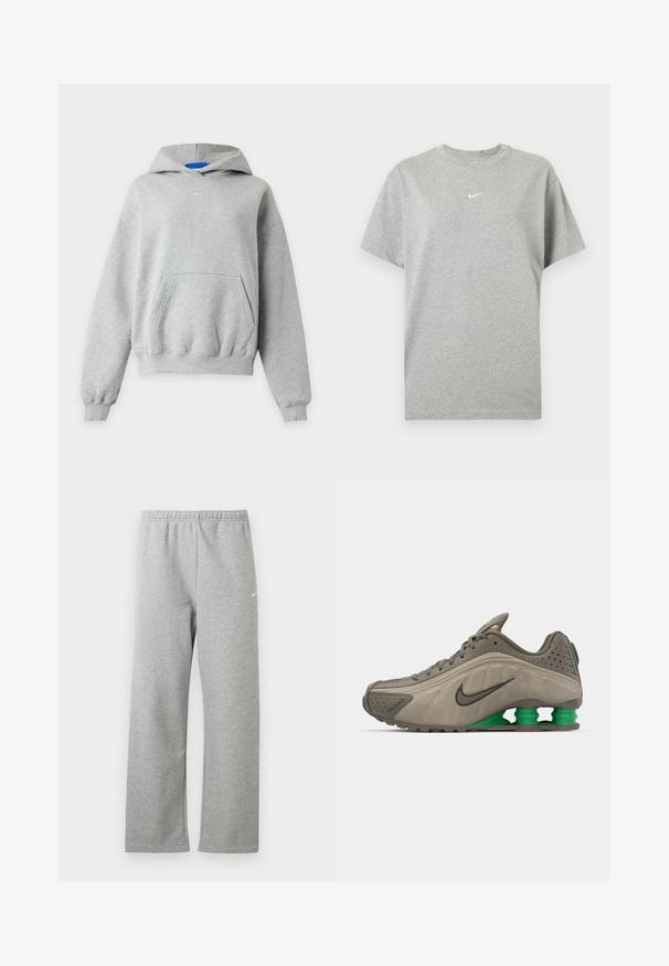 Hellgrauer Pullover mit Kapuze und langen Ärmeln, einer Kängurutasche vorne, gerippten Bündchen und Saum sowie einem kleinen weißen Nike-Logo, das in der Mitte nahe am Halsausschnitt platziert ist.; Graues kurzärmeliges Baumwoll-T-Shirt mit Rundhalsausschnitt und kleinem weißen Nike-Swoosh-Logo mittig auf der Brust.; Hellgraue Jogginghose mit elastischem Bund und kleinem weißen Nike-Logo am oberen Oberschenkel, auf weißem Hintergrund flach liegend dargestellt.; Nike-Sneaker in Olivgrün mit glattem Obermaterial, gestanzten Details, schwarzen Akzenten und grüner Fersenpolsterung. Leichtes, straffes Design.