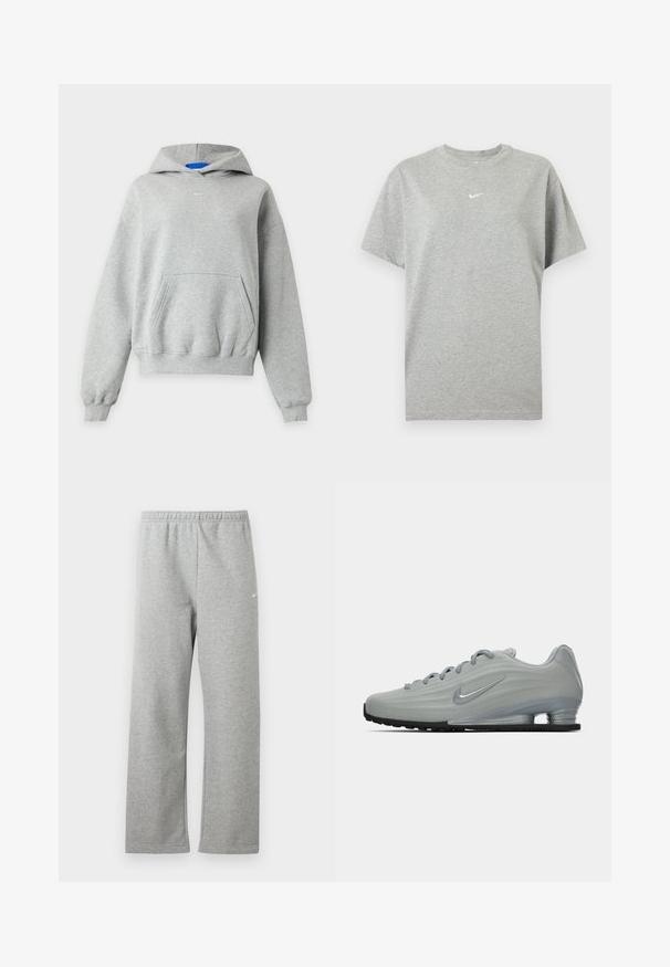Sudadera con capucha de manga larga de color gris claro con bolsillo canguro delantero, puños y dobladillo acanalados y un pequeño logo blanco de Nike centrado cerca del cuello.; Camiseta gris de algodón de manga corta con cuello redondo y pequeño logo blanco de Nike swoosh centrado en el pecho.; Pantalones deportivos gris claro con cintura elástica y un pequeño logo blanco de Nike en la parte superior del muslo, mostrados planos sobre un fondo blanco.; Vista lateral de una zapatilla Nike de color gris claro con cordones, un logotipo de swoosh y una suela de amortiguación transparente sobre un fondo liso.