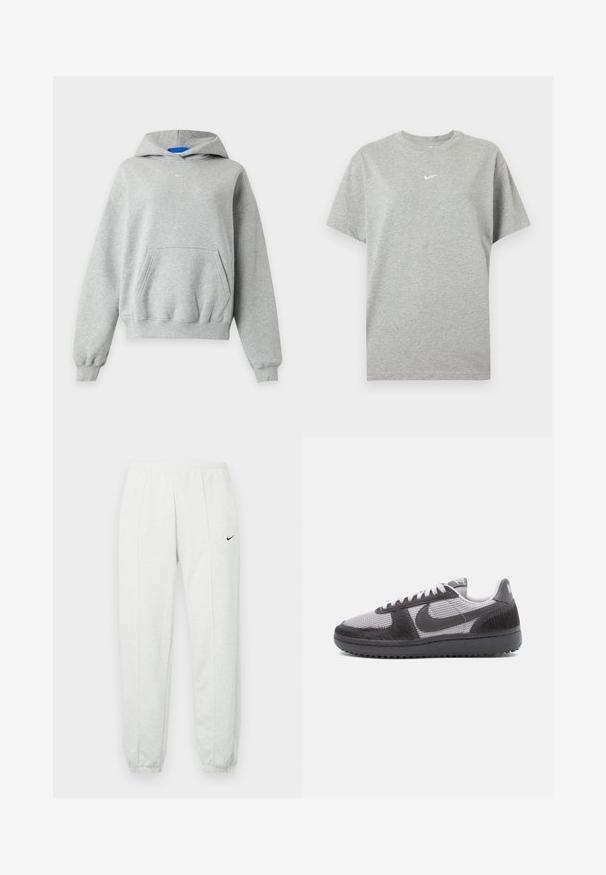 Lichtgrijze hoodie met lange mouwen, een kangaroezak aan de voorkant, geribde boorden bij de mouwen en zoom, en een klein wit Nike-logo gecentreerd vlak bij de halslijn.; Grijs katoenen T-shirt met korte mouwen, ronde hals en klein wit Nike swoosh-logo in het midden van de borst.; Lichtgrijze Nike joggingbroek met een elastische tailleband, taps toelopende boorden en een klein zwart logo op de linker dij. Zachte, gestructureerde stof.; Lage sneaker met grijs mesh materiaal, zwarte textuur overlays, zwarte zool, witte veters en een zwarte Nike swoosh aan de zijkant.