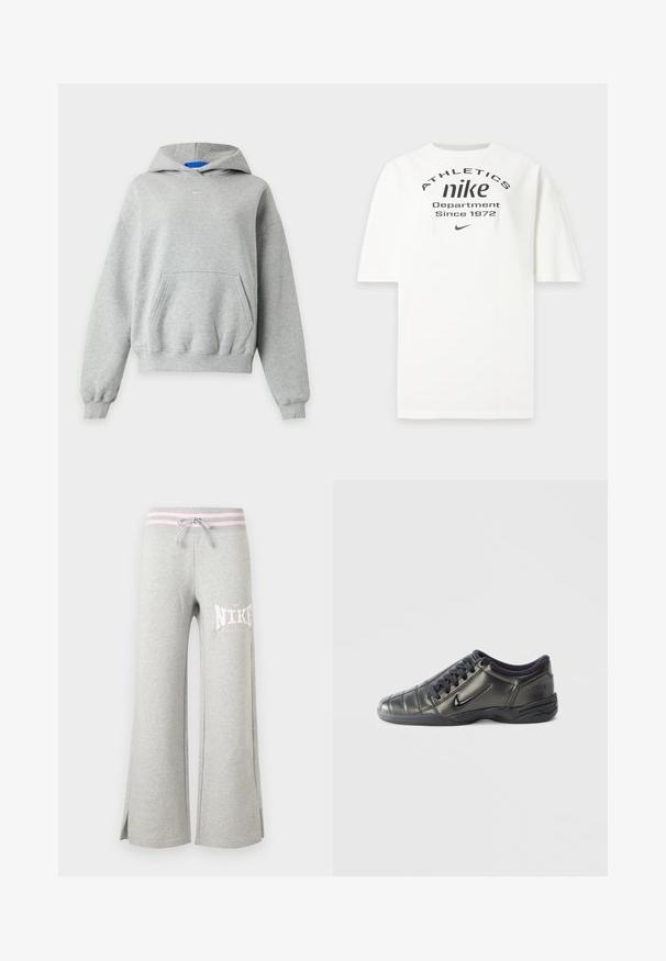 Gaiši pelēkas garām piedurknēm sporta krekls ar kapuci, priekšā kengura kabata, ribota aproces un apakšmala, un mazs balts Nike logotips centrā netālu no apkakles.; Balts Nike T-krekls ar melnu tekstu "ATHLETICS nike Department Since 1972" un nelielu Nike swoosh logotipu zem teksta.; Gaiši pelēkas plašā piegriezumā sporta bikses ar rozā svītrainu jostu, aukliņu, sānu šķēlumiem un baltu Nike logo uz kreisās augšstilba puses.; Melnas zemas Nike kedas ar shoēmēm, izšūtiem detaļām un teksturētu zoli uz vienkrāsaina baltā fona.