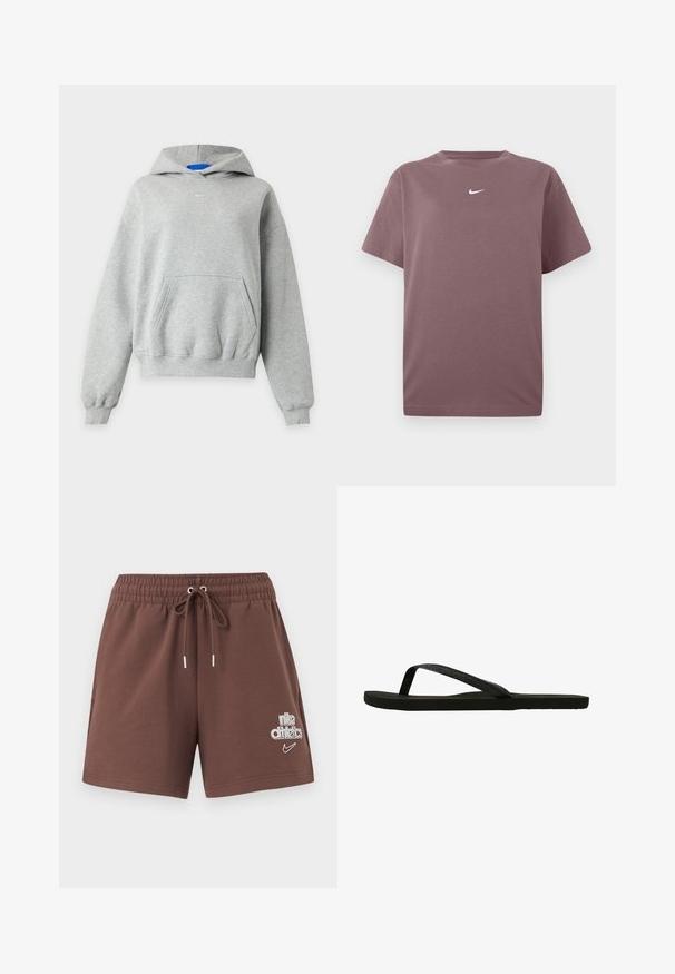 Helehall halli kapuutsiga pusa pikkade varrukatega esikangarootasku, soonikkoes varruka- ja alläärtega ning väike valge Nike logo kaeluse lähedal keskel.; Lilla lühikeste varrukatega T-särk, millel on valge Nike swoosh rinnal, esitatud valgel taustal.; Pruunid sportlikud lühikesed püksid elastse vöökohaga ja nööriga. Neil on valge Nike'i ja atleetika logo; pehme puuvillase segu kangas.; Mustad musta flip-flop tekstureeritud rihmaga ja lapik tald. Rihmal on õrn sära. Lihtne disain, kerge ja paindlik kuju.