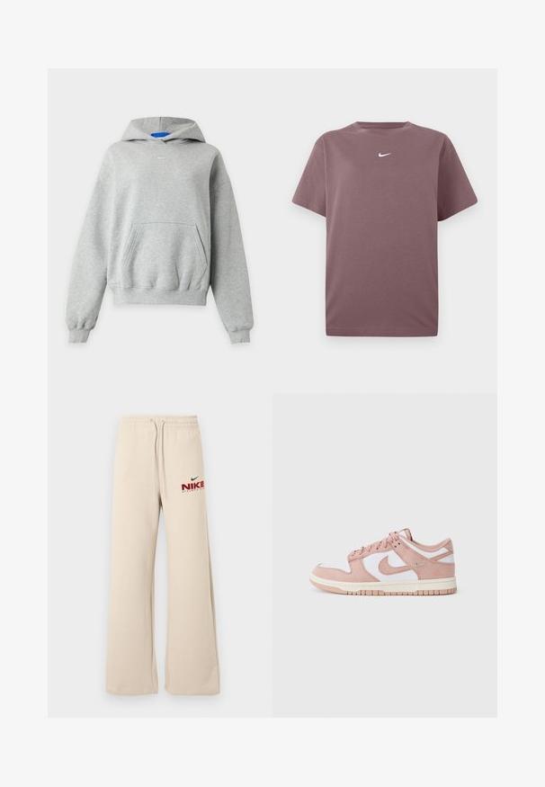Lichtgrijze hoodie met lange mouwen, een kangaroezak aan de voorkant, geribde boorden bij de mouwen en zoom, en een klein wit Nike-logo gecentreerd vlak bij de halslijn.; Effen mauve korte mouwen crewneck t-shirt met een klein wit Nike swoosh op de borst, weergegeven op een witte achtergrond.; Losse beige sweatpants met elastische tailleband en trekkoorden, met daarop het rode en zwarte Nike Athletic Club-logo op de linker dij.; Sneaker heeft een bovenwerk van zacht roze suede, witte leren panelen en een gestructureerde rubberen zool. Opvallend swoosh-logo aan de zijkanten, vetersluiting.