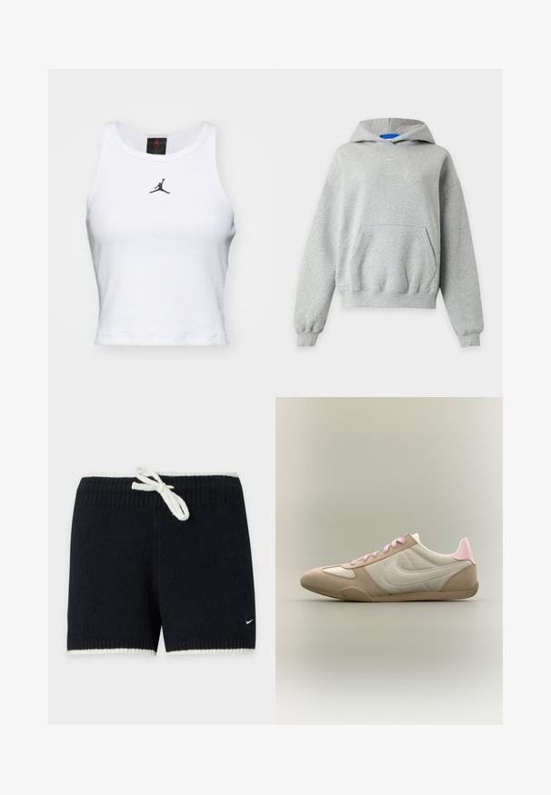 Lichtgrijze hoodie met lange mouwen, een kangaroezak aan de voorkant, geribde boorden bij de mouwen en zoom, en een klein wit Nike-logo gecentreerd vlak bij de halslijn.; Witte crop tanktop van katoen met een ribbeltextuur. Beschikt over een zwart Jordan-logo in het midden en een klassieke ronde hals.; Zwarte gebreide shorts met witte trekkoord en bies, met een klein wit Nike-logo op het onderste linkerbeen.; Low-profile beige-witte sneaker met roze veters en hielaccent, met Nike swoosh aan de zijkant tegen een effen achtergrond.