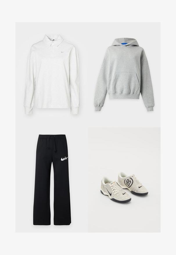 Vaaleanharmaa pitkähihainen huppari, jossa edessä kengurutasku, resorit hihoissa ja helmassa sekä pieni valkoinen Nike-logo keskellä kaula-aukon lähellä.; Pitkähihaine pikeepaita vaaleanharmaasta puuvillasta. Sisältää perinteisen kauluksen, nappilistan ja hienovaraisen kultaisen Nike-logon rinnassa.; Mustat collegehousut pehmeästä materiaalista, joissa on joustava vyötärönauha ja kiristysnauha sekä valkoinen Nike-logo vasemmalla puolella.; Nike lenkkarit, joissa on beigen ja harmaan sävyinen teksturoitu päällinen, mustia yksityiskohtia, suuri "90" logo ja valkoinen nauhakiinnitys. Musta pohja.