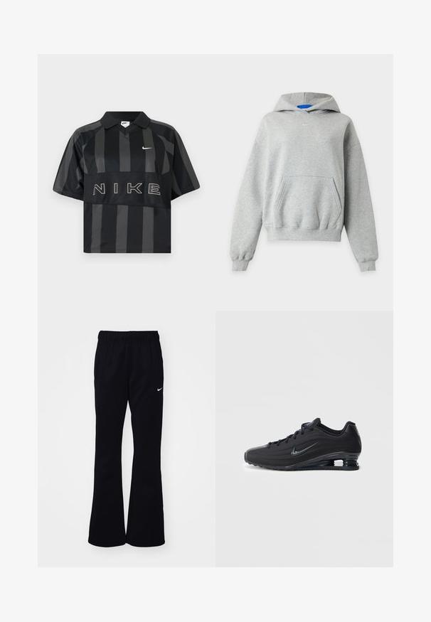 Sweat à capuche gris clair à manches longues avec une poche kangourou à l'avant, des poignets et un ourlet côtelés, et un petit logo Nike blanc centré près de l'encolure.; Polo Nike manches courtes à rayures verticales noires et gris foncé, col, virgule Nike blanche et grand texte NIKE sur la poitrine.; Pantalon de survêtement noir avec une taille élastique, des jambes évasées, deux poches latérales et un logo Nike blanc sur le côté gauche.; Baskets Nike noires avec une tige texturée, arborant un design élégant, une fermeture à lacets, et une unité d'air visible au talon. Accent de marque minimaliste.