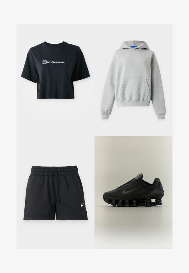 Hellgrauer Pullover mit Kapuze und langen Ärmeln, einer Kängurutasche vorne, gerippten Bündchen und Saum sowie einem kleinen weißen Nike-Logo, das in der Mitte nahe am Halsausschnitt platziert ist.; Gekürztes schwarzes Baumwoll-T-Shirt mit kurzen Ärmeln, das weißen Text "Vice Sportswear" und eine runde Grafik auf der Vorderseite zeigt.; Schwarze Nike-Sportshorts mit elastischem Bund, Kordelzug, seitlichen Taschen und weißem Swoosh-Logo am linken Bein.; Schwarzer Nike-Sneaker mit einem Reißverschluss am Obermaterial und markanter federähnlich segmentierter Sohle, im Seitenprofil vor neutralem Hintergrund dargestellt.