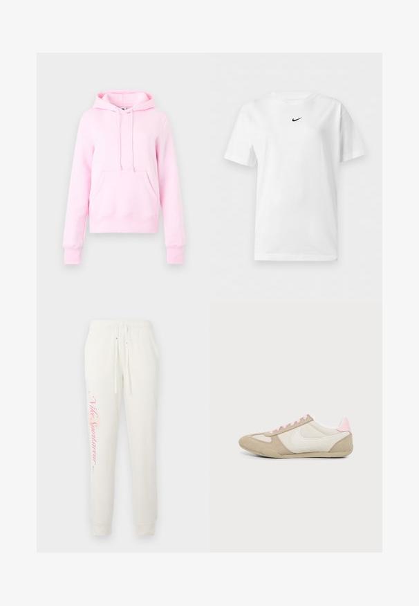 Sudadera con capucha rosa claro de tipo pulóver con bolsillo delantero tipo canguro, capucha con cordón ajustable y puños y bajo acanalados sobre un fondo liso.; Camiseta blanca de manga corta con cuello redondo y un pequeño logo negro de Nike Swoosh centrado cerca del cuello.; Pantalones de chándal blancos con un diseño ajustado, que presentan un logo rosa de "Nike Sportswear" en la pierna izquierda y una cintura elástica con cordones.; Zapatilla beige y blanca con cordones rosas y detalle en el talón, con el logo blanco de Nike swoosh en el lateral, mostrada desde el interior.
