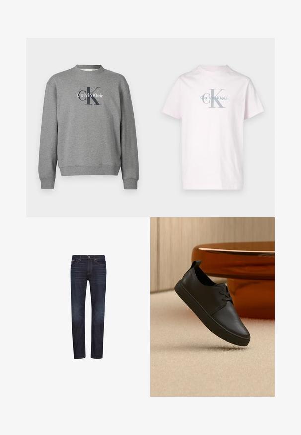 Hall hallipluus, millel on ümarlõikeline kaelus ja soonilised varrukaservalõiked, esiküljel kontrastsetes värvides trükitud logo "Calvin Klein".; Roosast puuvillast t-särk, millel on ümmargune kaelus ja lühikesed varrukad, hall "CK" logo ning selle all trükitud nimi "Calvin Klein".; Tumesinised teksapüksid sirgete säärtega, viie taskuga, tõmblukuga ja oranži õmblusega. Sile tekstuur, klassikaline disain.; Must nahast vabaajajalats nööridega, hõljumas beežil vaibal, taustal merevaigukarva ümarguse klaasist laua.