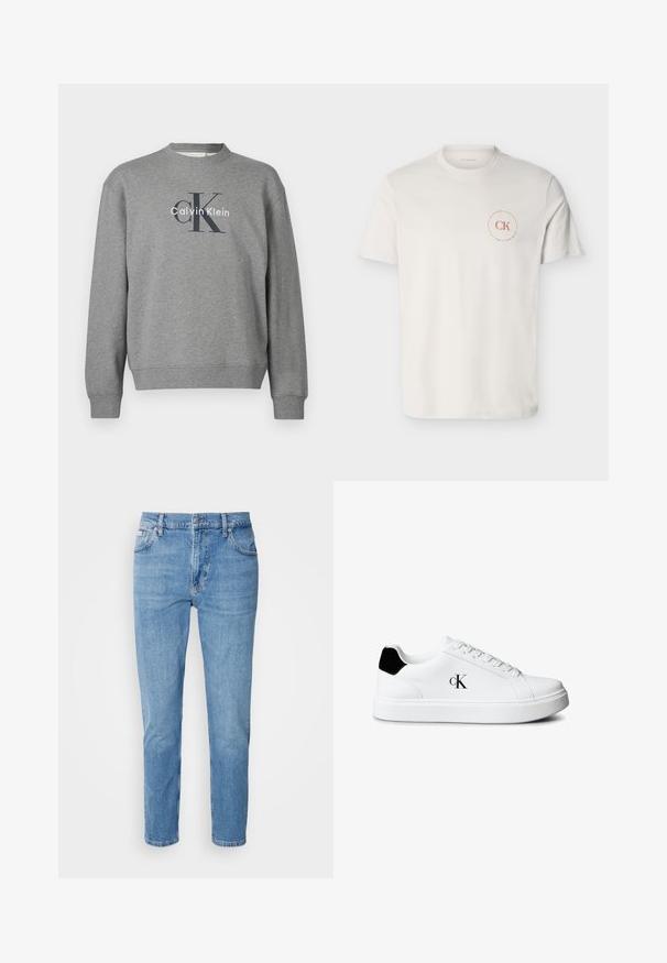 Sudadera gris con cuello redondo y puños acanalados, con un logo impreso, "Calvin Klein", en colores contrastantes en el frente.; Camiseta blanca de manga corta con cuello redondo y pequeño logo circular rojo "CK Calvin Klein" en el pecho izquierdo.; Vaqueros de mezclilla azul claro con corte recto, diseño de cinco bolsillos y un sutil desgastado. Presentan un cierre de botón y pasadores para cinturón.; Zapatilla blanca de corte bajo con pestaña negra en el talón y logo "cK" en el lateral, con cordones blancos y suela blanca gruesa.