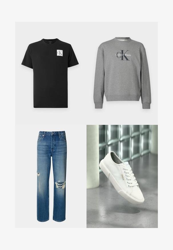 Sudadera gris con cuello redondo y puños acanalados, con un logo impreso, "Calvin Klein", en colores contrastantes en el frente.; Camiseta de algodón negra con mangas cortas y cuello redondo. Presenta un logo cuadrado blanco con "CK" en negro en el lado izquierdo del pecho.; Vaqueros de mezclilla azul claros con cintura alta, pierna recta y desgastes con roturas en ambas rodillas. Presenta un diseño clásico de cinco bolsillos y un cierre de botón.; Zapatilla baja blanca de Calvin Klein con cordones, suela de goma y etiqueta con el logo flotando sobre un suelo pulido gris cerca de una pared de bloques de vidrio.
