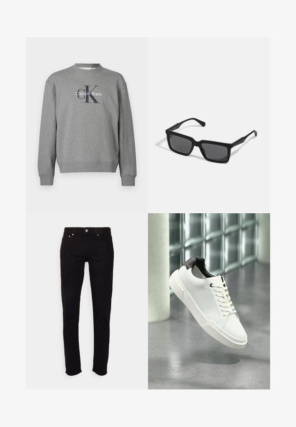 Šedá mikina s okrúhlym výstrihom a rebrovanými manžetami, so sieťotlačovým logom „Calvin Klein“ v kontrastných farbách na prednej strane.; Čierne slim fit rifle s gombíkom a zipsom, prednými a zadnými vreckami, zobrazené na bielom pozadí.; Biela nízka teniska s čiernou textúrovanou pätkou, bielymi šnúrkami a hrubou podrážkou na leštenej betónovej podlahe pri sklenených blokoch.; Čierne slnečné okuliare s obdĺžnikovými šošovkami, matným povrchom, hrubými rámami a štíhlymi stranicami s jemným brandingom.