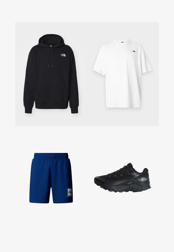 Sudadera negra hecha de tela suave, con un bolsillo frontal, capucha con cordón y un pequeño logo blanco en la parte superior izquierda del pecho.; Camiseta blanca de algodón con mangas cortas, diseño de cuello en V, con un pequeño logo negro en la parte superior izquierda. Textura suave, ajuste relajado.; Pantalones cortos de algodón azul con cintura elástica y cordón. Cuenta con un parche de logo en la pierna izquierda. Textura suave, diseño hasta la rodilla.; Zapatilla deportiva negra con parte superior de malla transpirable, suela de goma, acentos texturizados y punta reforzada para mayor durabilidad.
