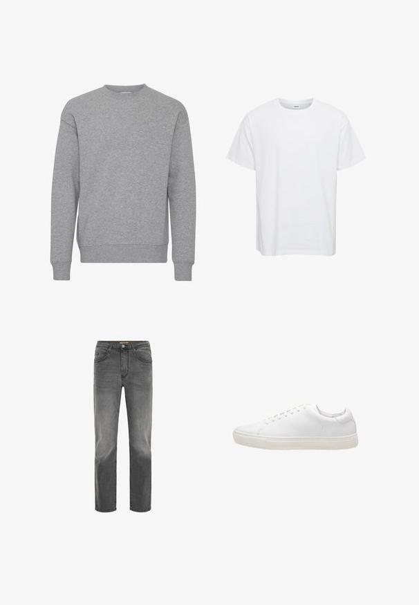 Enkel lysegrå langærmet sweatshirt med ribstrikket krave, manchetter og kant, vist forfra mod en hvid baggrund.; Hvid bomulds t-shirt med korte ærmer, rund halsudskæring og en afslappet pasform. Glat tekstur, ingen mønstre eller detaljer. Simpelt design.; Drejede mænds jeans i falmet mørkegrå denim med frontlommer, bæltestropper og knappelukning.; Hvide lædersneakers med en glat overflade, rund tå, snørebåndslukning og flad gummisål. Minimalistisk design uden synlige mønstre.
