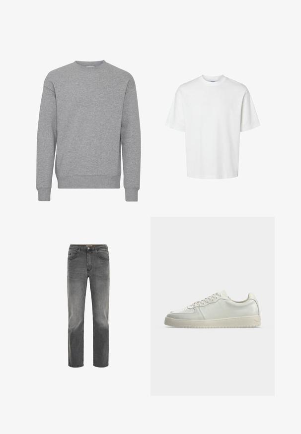Sweat-shirt à manches longues gris clair uni avec col, poignets et ourlet côtelés, présenté de face sur un fond blanc.; T-shirt blanc uni à manches courtes, col rond et coupe décontractée, présenté sur un fond blanc.; Jean en denim gris avec une coupe droite, design à cinq poches et une finition légèrement délavée. Comprend une fermeture à bouton et à glissière.; Basket basse en cuir blanc avec fermeture à lacets et semelle en caoutchouc blanc cassé, vue de profil sur un fond uni.