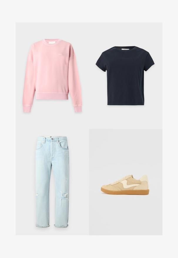 Lichtroze sweatshirt met lange mouwen en ronde hals, met geribbelde manchetten en zoom, kleine witte "CLOSED" tekst op de linkerborst.; Effen zwart T-shirt met korte mouwen en een ronde hals met een rechte zoom op een lichtgrijze achtergrond.; Lichtblauwe denim jeans met een relaxte pasvorm, voorzien van verwassen scheuren aan de voorkant, opgerolde manchetten en een klassieke vijf-pocket stijl.; Beige sneaker van suede en mesh materialen, ronde vorm, opvallende gepolsterde kraag en een gumrubberen zool. Kenmerkt zich door een golvend ontwerp accent.