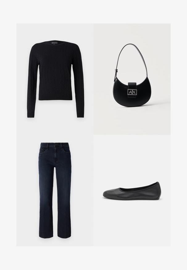 Schwarzer Strickpullover mit einem Diamantenmuster, langen Ärmeln, rundem Halsausschnitt und gerippten Bündchen und Saum. Hergestellt aus weichem, strukturiertem Material.; Mother THE MID RISE RAMBLER - Jeans Straight Leg - dunkelblau; Schwarze Leder-Ballettschuhe mit abgerundeter Spitze, glatter Textur, minimalen Nähdetails und einem flexiblen Sohlen-Design.; Schwarze, halbmondförmige Handtasche mit einem verstellbaren Trageriemen und einem silbernen A|X-Logoschloss auf der Vorderklappe.