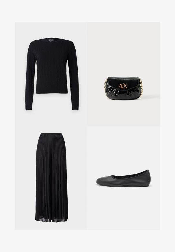 Suéter negro de punto con un patrón de diamantes, mangas largas, cuello redondo y puños y dobladillo acanalados. Fabricado con un material suave y texturizado.; Pantalones anchos de pierna amplia, plisados y color negro, con una cinturilla elástica. Fabricados en un tejido ligero, con pliegues verticales en toda su extensión.; Bailarina de piel negra con punta redondeada, textura suave, detalle de costura minimalista y diseño de suela flexible.; Bolso de mano de charol negro con herrajes dorados. Presenta una forma redondeada, diseño plisado y cierre con solapa. Logo "AIX" en la parte frontal.